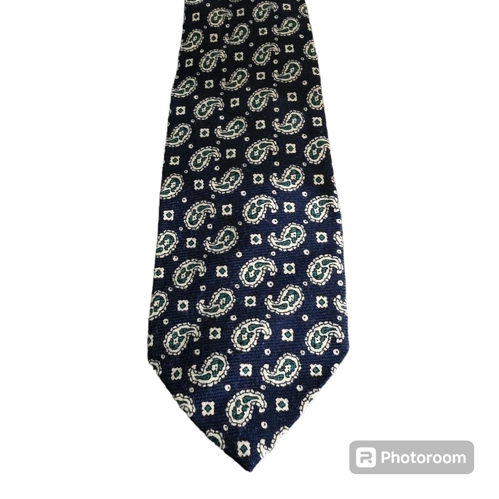Vintage 80s 90s Abercrombie & Fitch Navy Blue Green Paisley Wool Tie